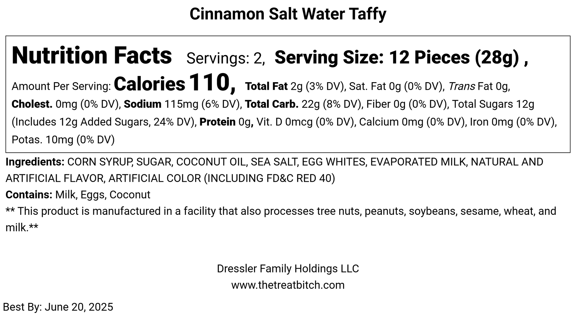 Cinnamon Salt Water Taffy nutrition facts